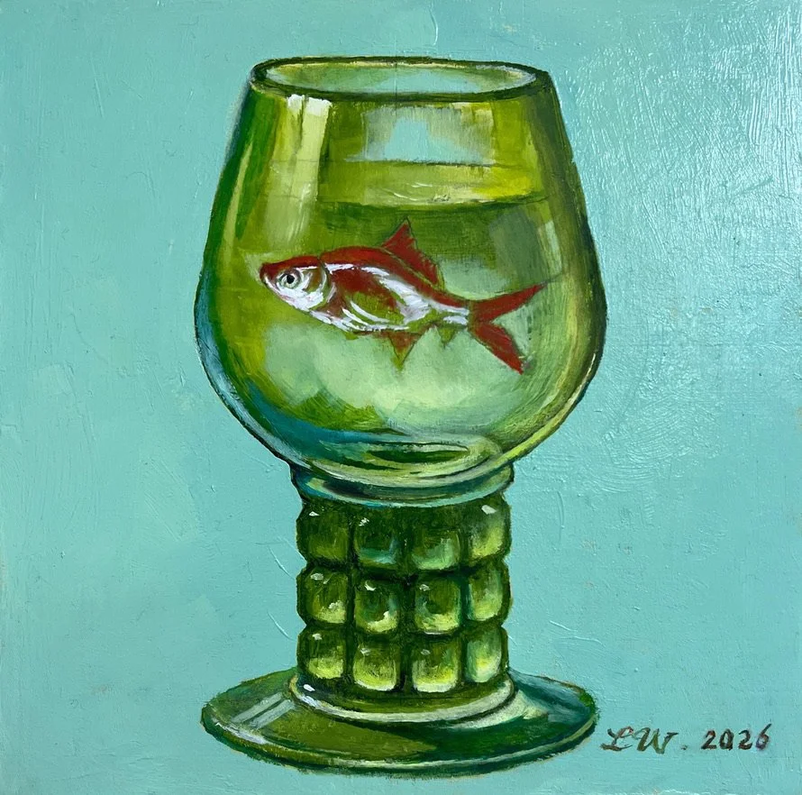 LIN WEI, Red Fish in a Green Antique Glass, oil on wood panel, size: 8"x8", 2026. 