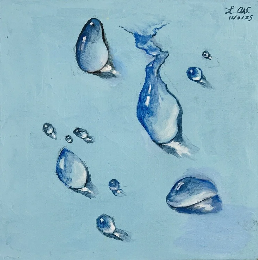 LIN WEI, Water Drops on Blue, oil on wood panel, size: 8"x8", 2025.  
