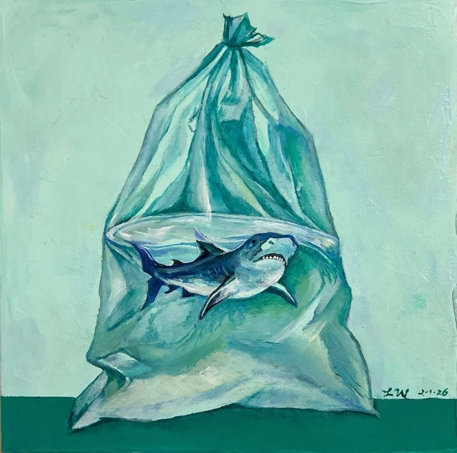 LIN WEI, Shark Delivered, oil on wood panel, size: 8"x8", 2026