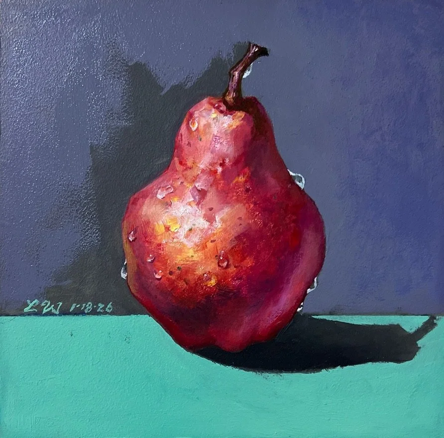 LIN WEI, Red Pear with Tears, oil on wood panel, size: 8"x8", 2026.   SOLD, 2026
