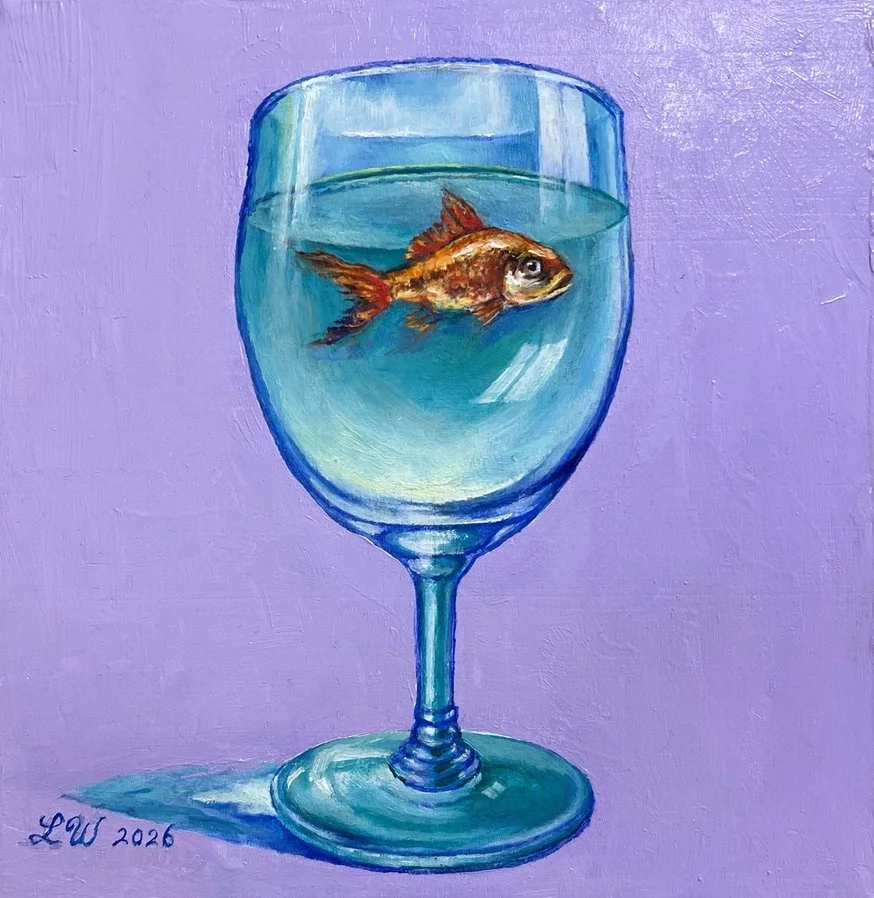 LIN WEI, Goldfish in a Blue Glass, oil on wood panel, size: 8"x8", 2026