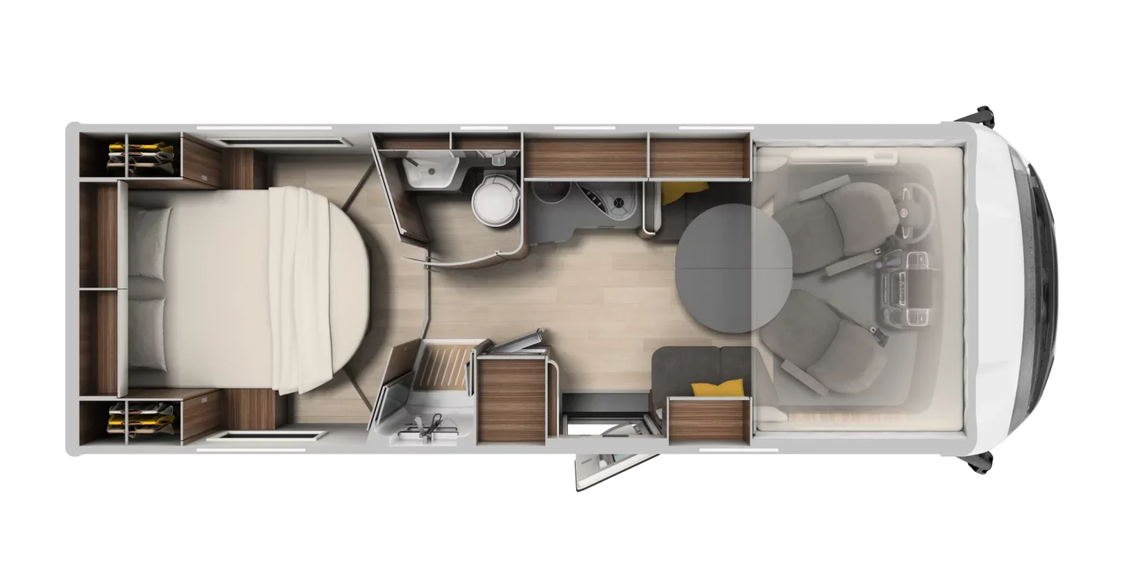 Floor plan of a compact RV or camper van with a front driving area, a circular dining table, a small kitchen, a bathroom, and a sleeping area with a large bed.