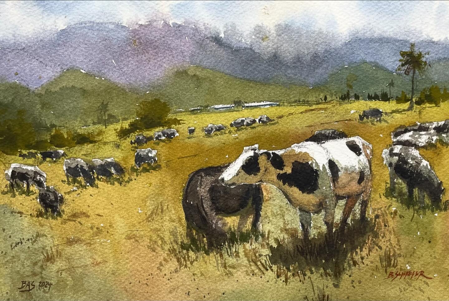 Cows. A funny detail in this painting is that I worked on a few small details over many days and in the end, I ended up signing it twice on two separate days but didn&rsquo;t realize it until much later. 

I was going to remove one of them but I deci