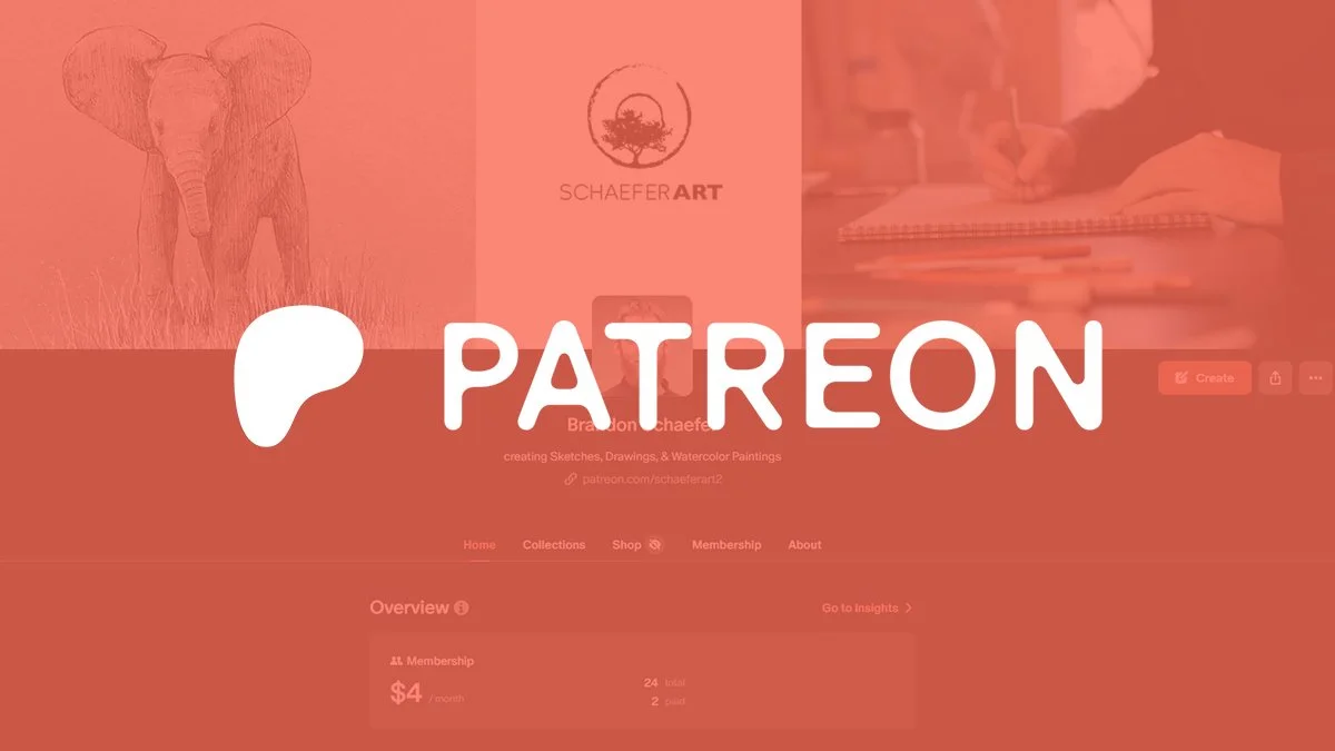 Screenshot of Schaefer Art's Patreon page with a pink overlay, showing an elephant sketch, a logo of a tree within a circle, and a person writing in a notebook.