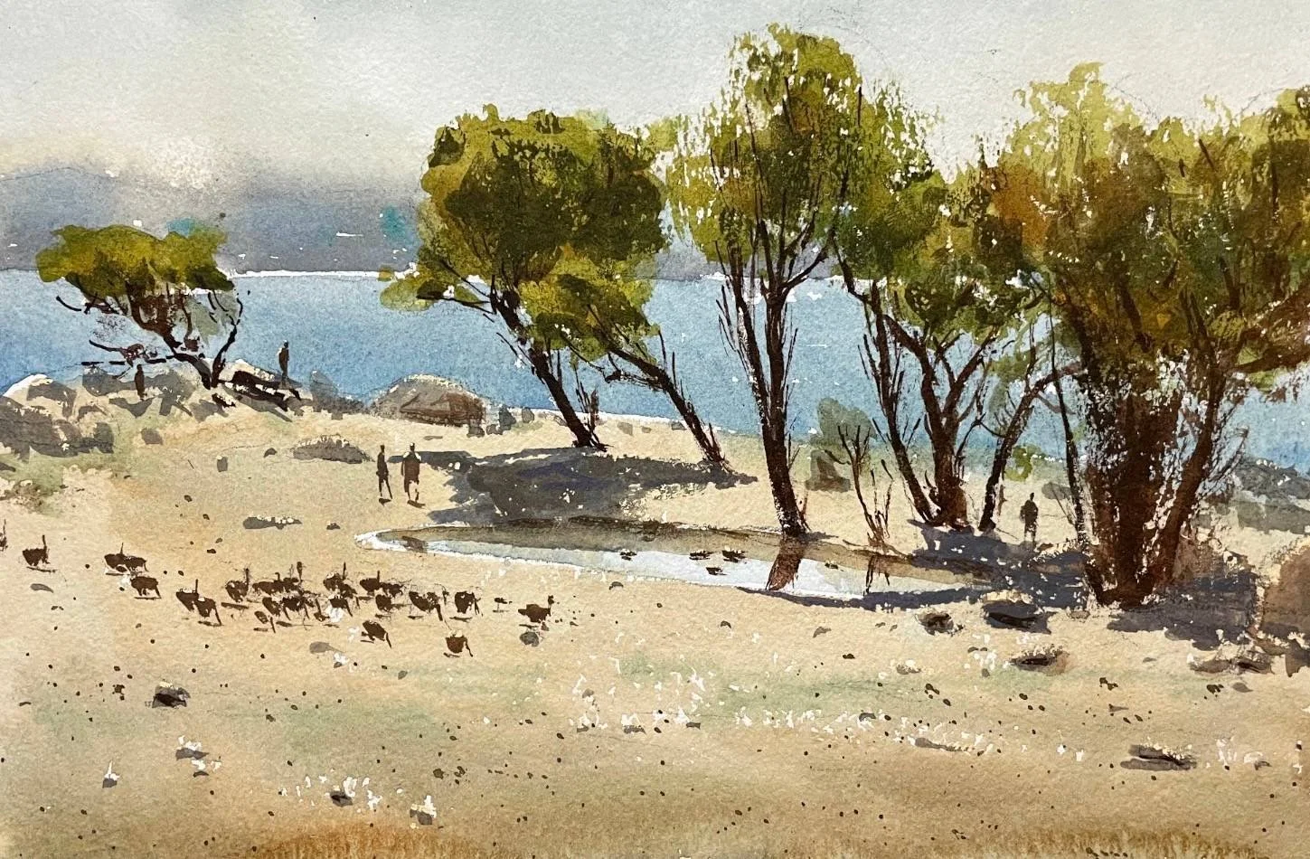 lake landscape painting with trees, pond, people, and geese