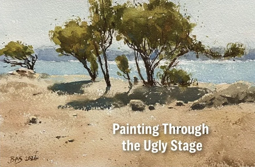 Watercolor painting of a beach scene with trees and water in the background, with text overlay that reads 'Painting Through the Ugly Stage'.