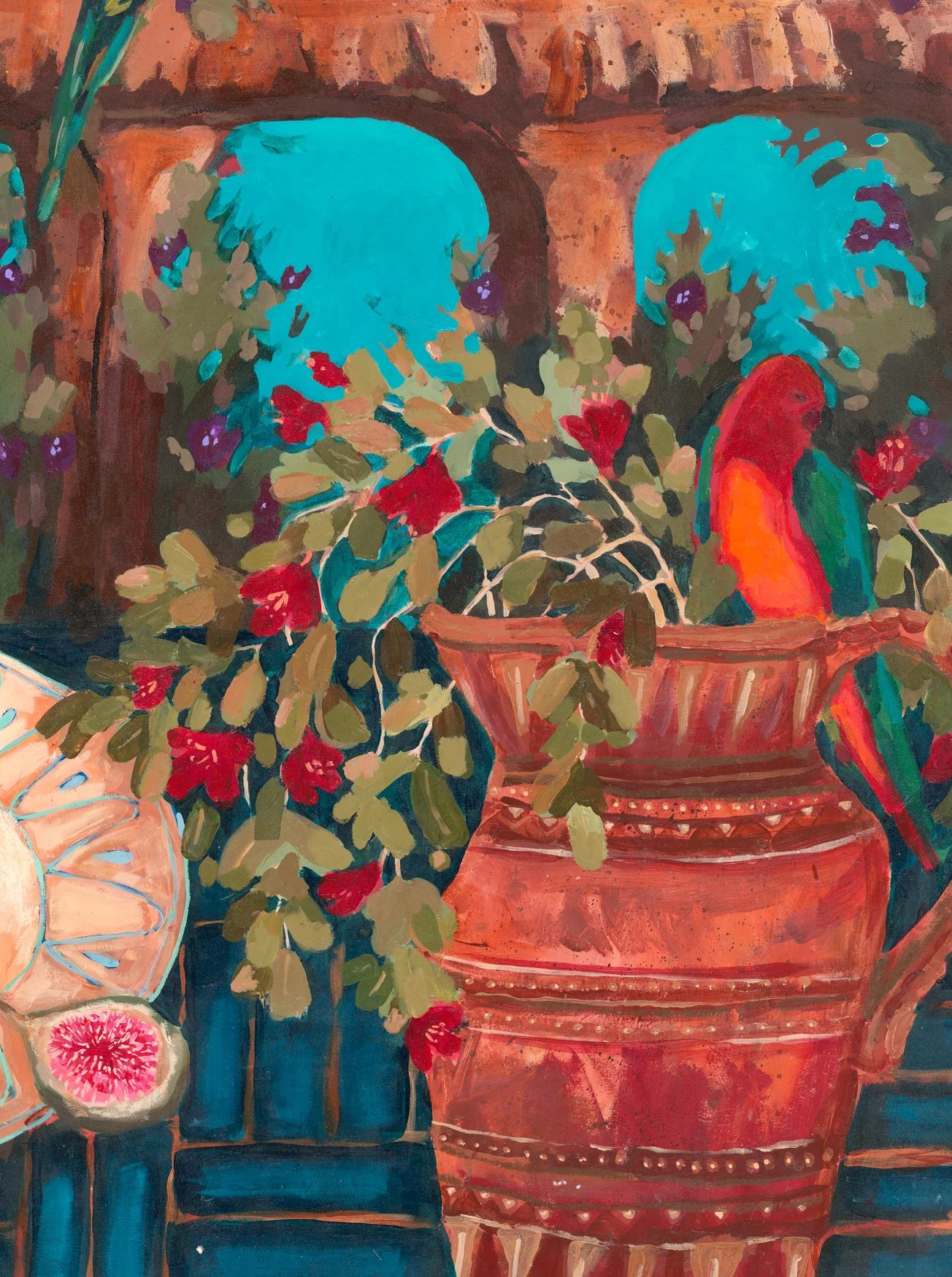 Colorful painting of a bird perched on a branch against a blue background.