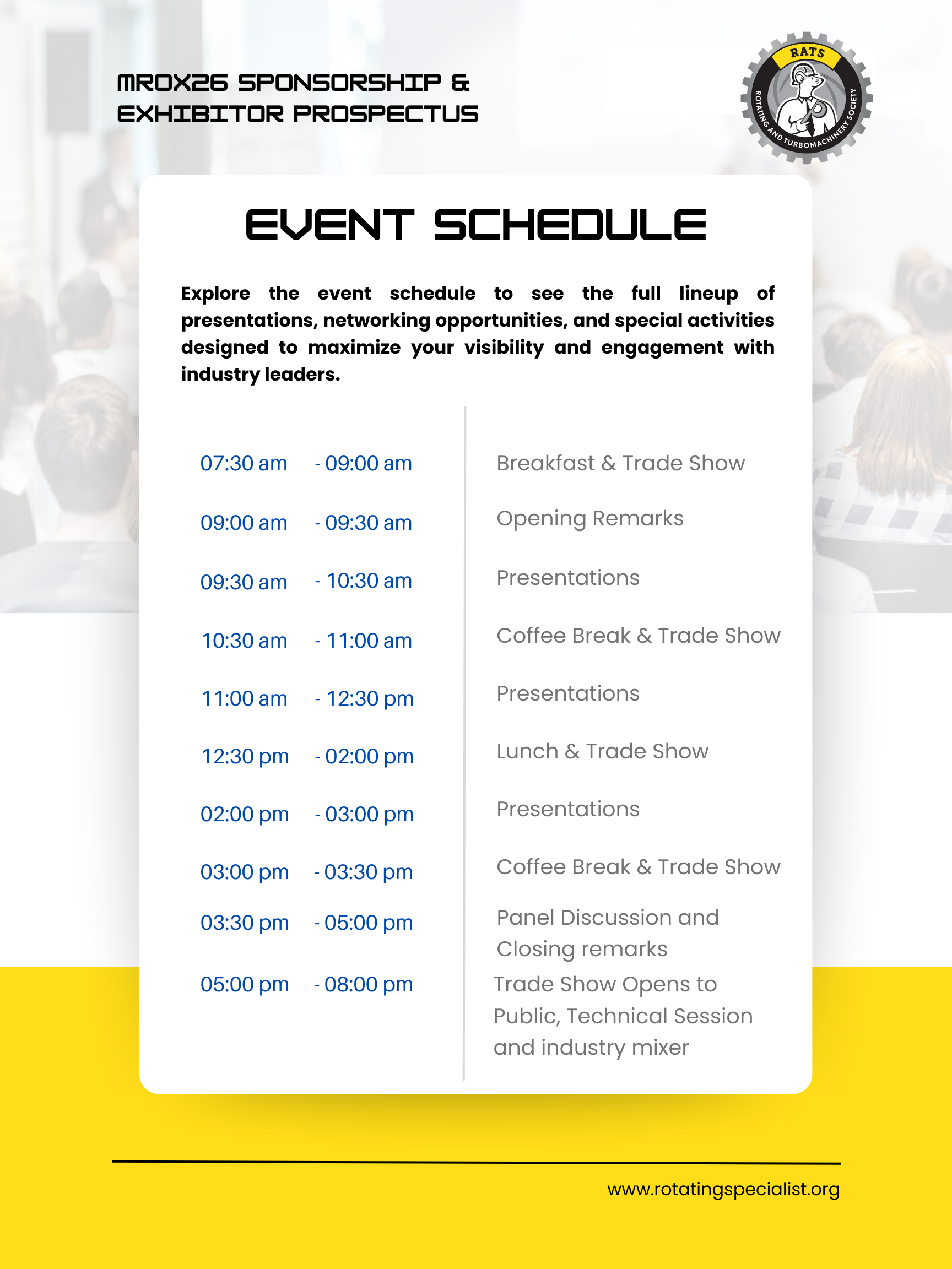 Event schedule for a conference, listing times and activities including breakfast trade show, opening remarks, presentations, coffee breaks, lunch, panel discussion, closing remarks, and industry mixer, with a logo of RATS (Rotating and Turbomachinery Society) in the top right corner and website www.rotatingspecialist.org at the bottom.