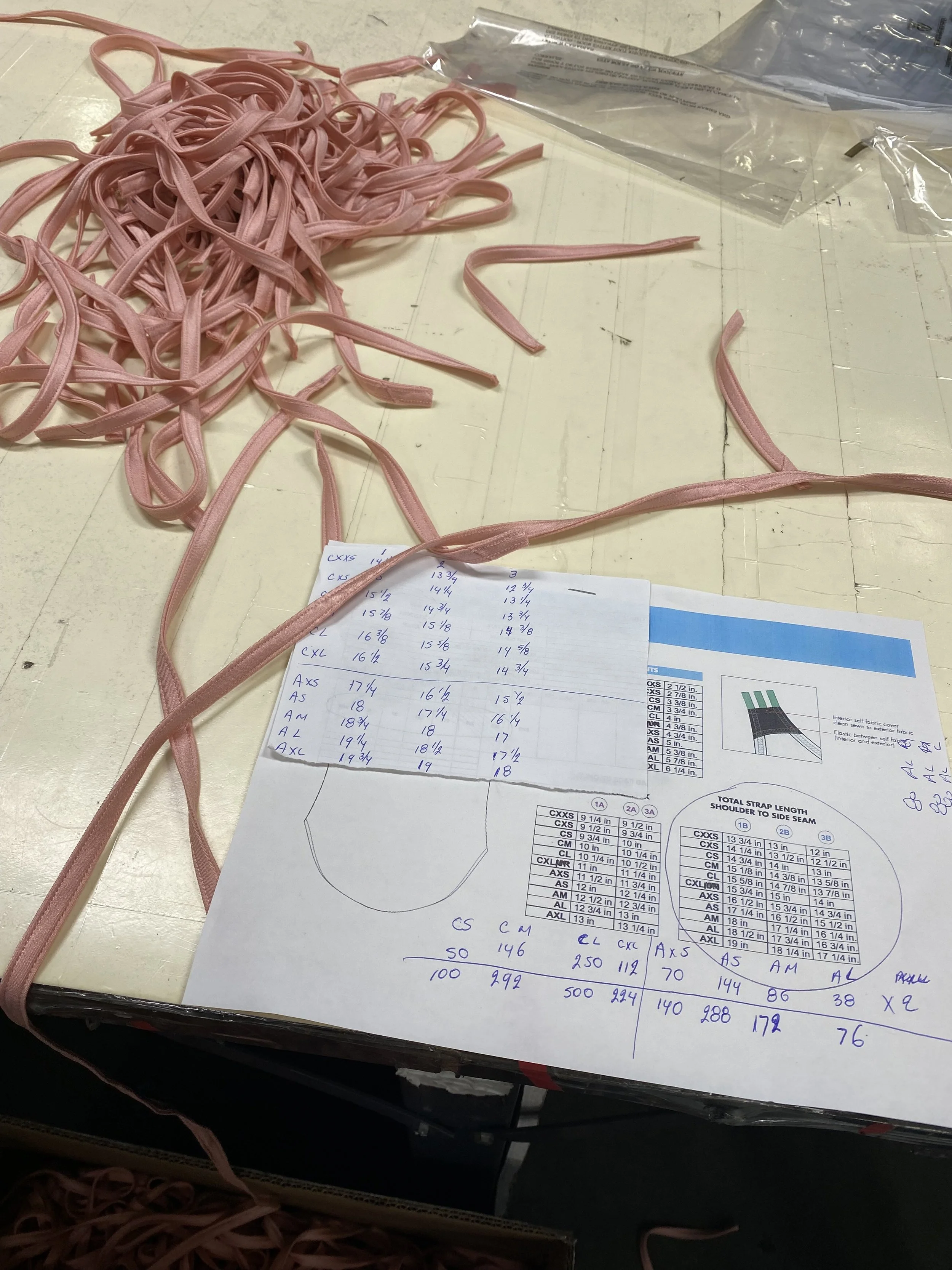 Factory measurement sheet on the cutting table