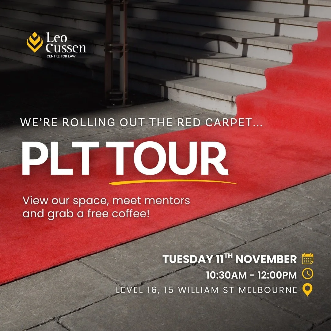 Step inside Leo Cussen and see Practical Legal Training in action! 
 
Join them for a behind-the-scenes look at Leo Cussen. Tour their PLT premises, meet lawyer mentors and career experts, get the full scoop on how PLT works and get a free