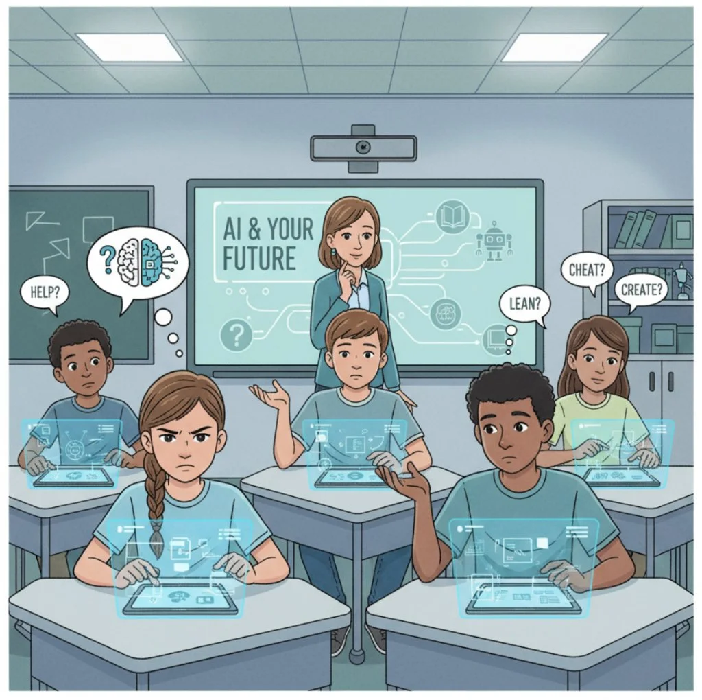 Teacher teaching 'AI & Your Future' with middle-grade students using futuristic laptops thinking about ways to do their set tasks.