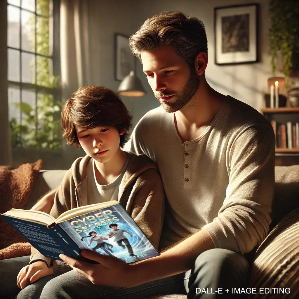 Father reading with his son in a quiet setting.