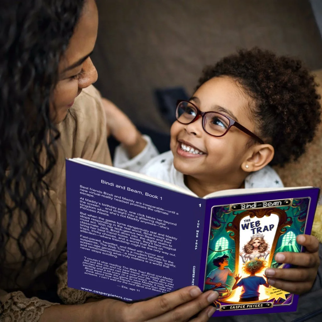 Mother reading The Web Trap - A Tech Obsession Fairytale to her daughter