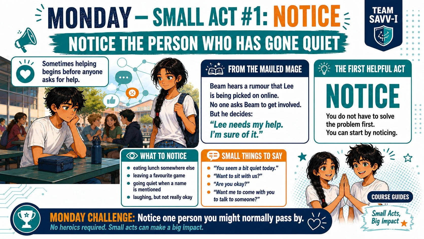 Monday anti-bullying poster shows Beam noticing a withdrawn classmate, practical warning signs, supportive phrases, and a challenge encouraging students to notice others, with Bindi and Beam celebrating kindness.