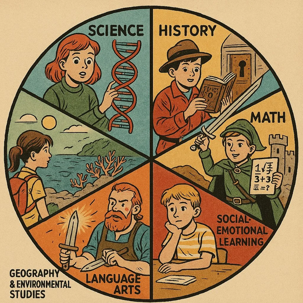 An illustrated pie-diagram showing teh different edufictional genres.