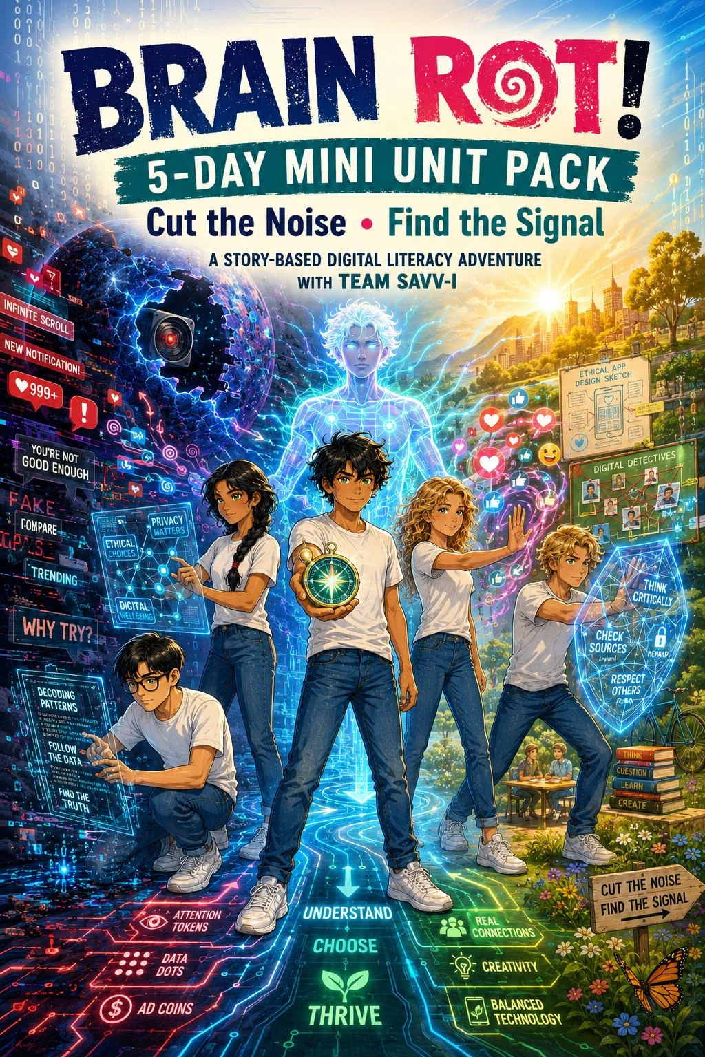 Brain Rot! 5-Day Mini Unit Pack is a vibrant, cinematic cover illustration showing Team Savv-i journeying from a chaotic world of persuasive technology, algorithms, and digital manipulation toward clarity, ethical design, and real-world connection.