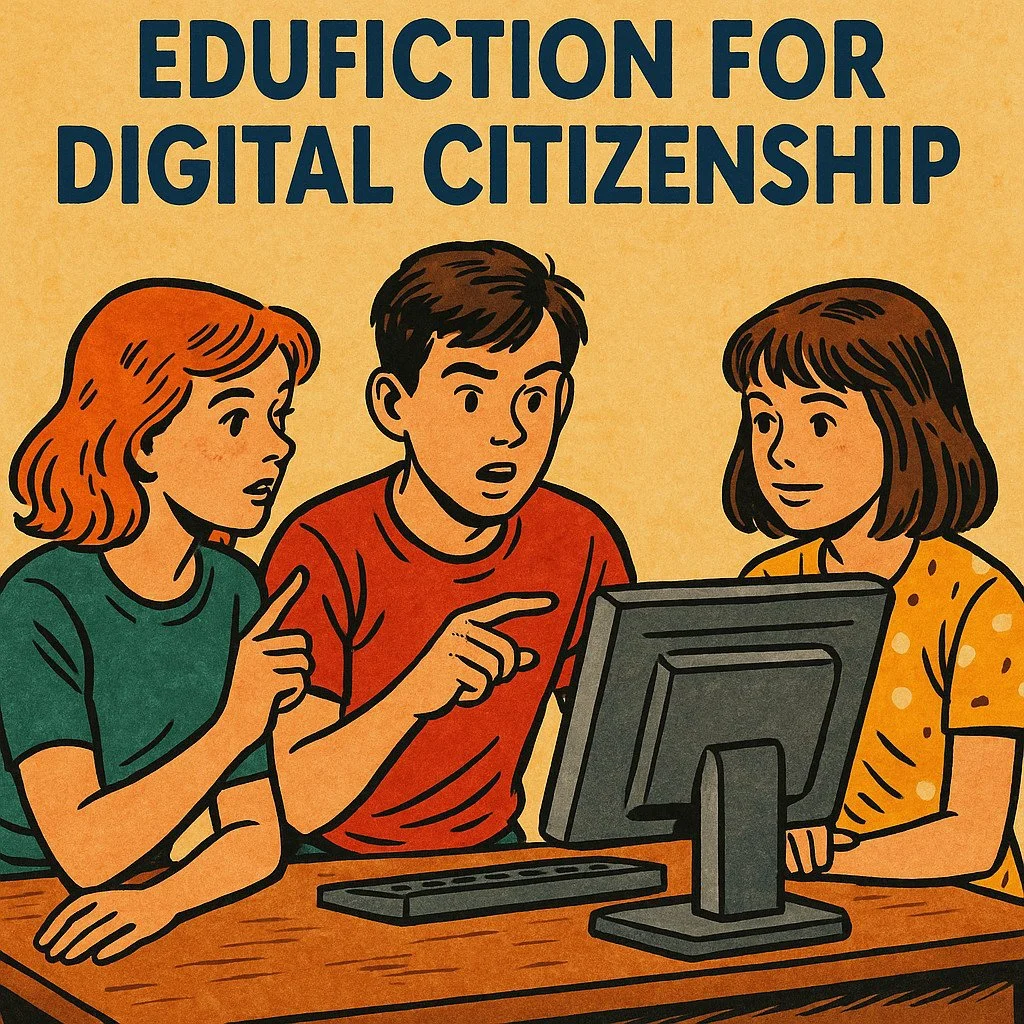 Three teens behind a computer with the text "EDUFICTION FOR DIGITAL CITIZENSHIP"