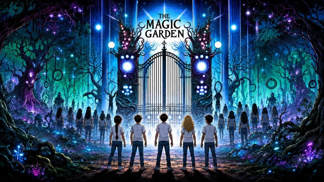 Bindi and Beam with their friends stand with other in front of  The Magic Garden cast iron gate waiting for it to open. It is night time and there is an spooky, eerie, ambiance.