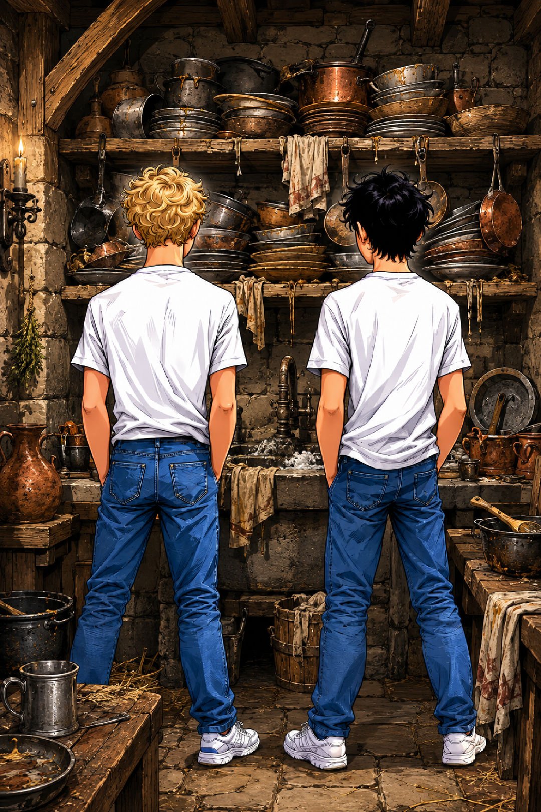 Beam and Rob standing in front of dirty dishes and pots that they must wash as punishment.