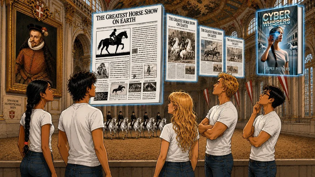 The Team is standing in the manege of the Spanish Riding School in Vienna watching their blog posts float in the air. A large portrait of Charles II hangs on the wall and in the top right-hand corner a 3D copy of the Cyber Whispers book is on display