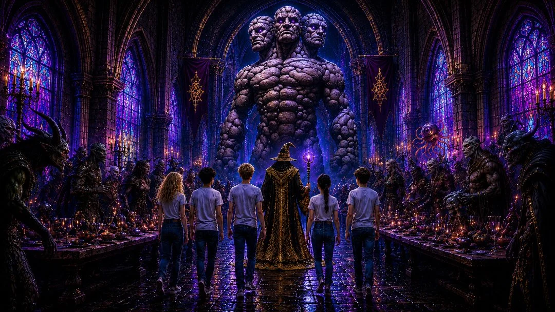 Team Sav-i is led my the goldeb-robed mage into the castle hall, where the statue of the giant Ghoric dominates the space. An exotic gathering of scary creatures are holding a feast in Ghoric's honour.