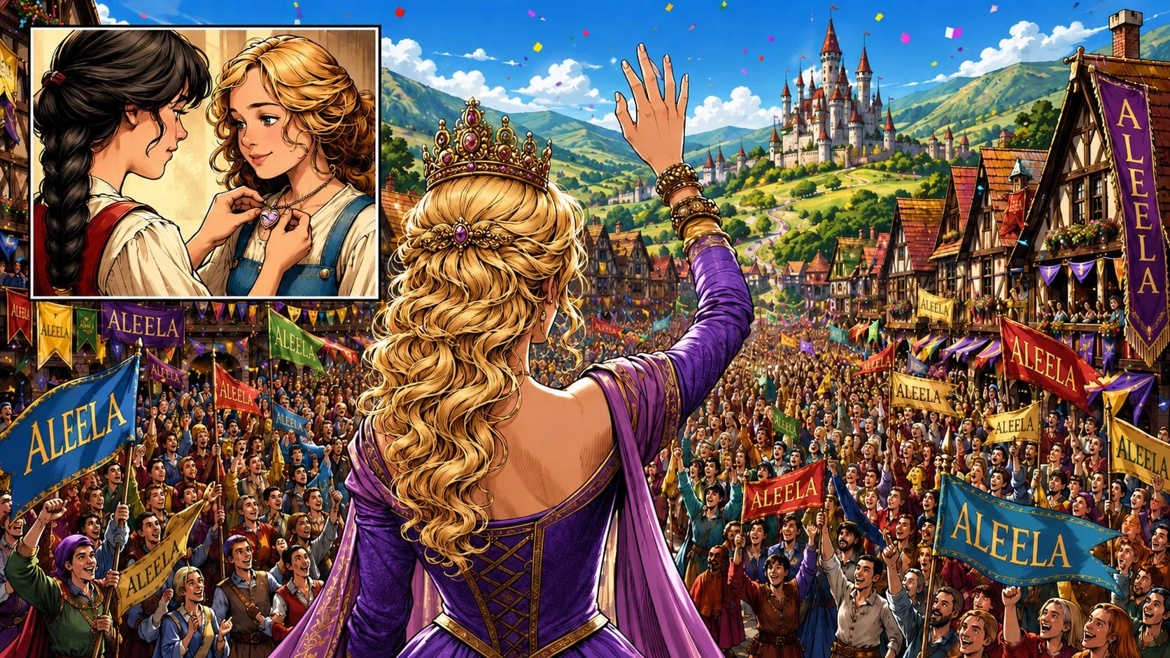 Princess Aleela waving at the cheering medieval village crowd. Her castle is in the background. An inset, in the left-hand top corner, shows Bindi placing a heart-shaped friendship necklace around Mia's neck.