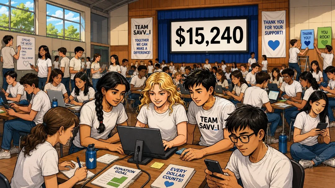 Team Savv-i and the rest of the school have gathered in the auditorium to fundraise the project to get a remote school in Fiji online. The board on the back shows in large letter that they have so far raised $15,240!