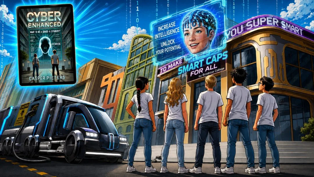 The Team stands in front of a 3D billboard advertising Smart Caps. In the top left-hand corner an Ipad diplays the cover of Cyber Enhanced.