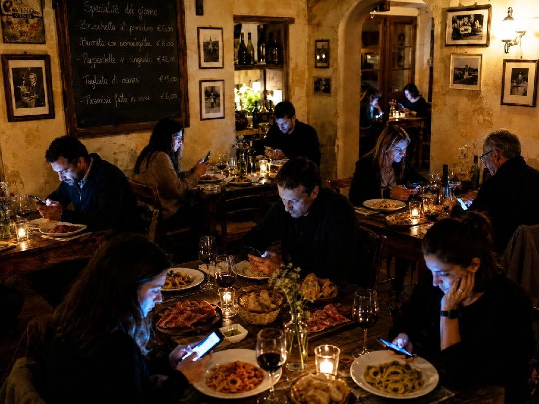 Patrons at a cosy restaurant all watching their phone screens, their faces lit up by the blue light of their devices.
