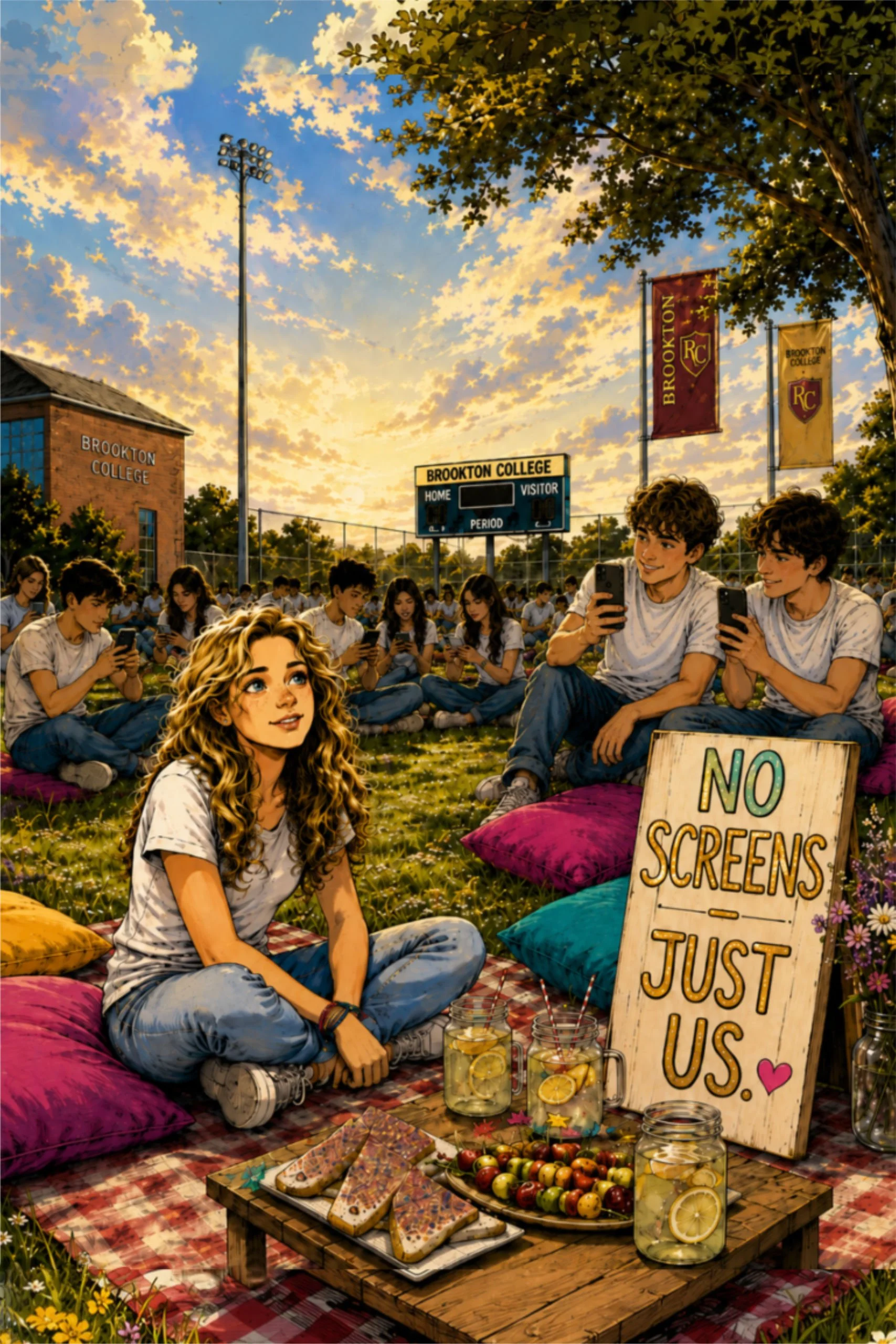 Mia sitting on a picnic blanket behind a table laden with sandwhiches, lemonade and sweets. A sign shows ' NO SCREENS - JUST US' Two boys are filming her with their phones. In the background other students are all glued to their phone screens.