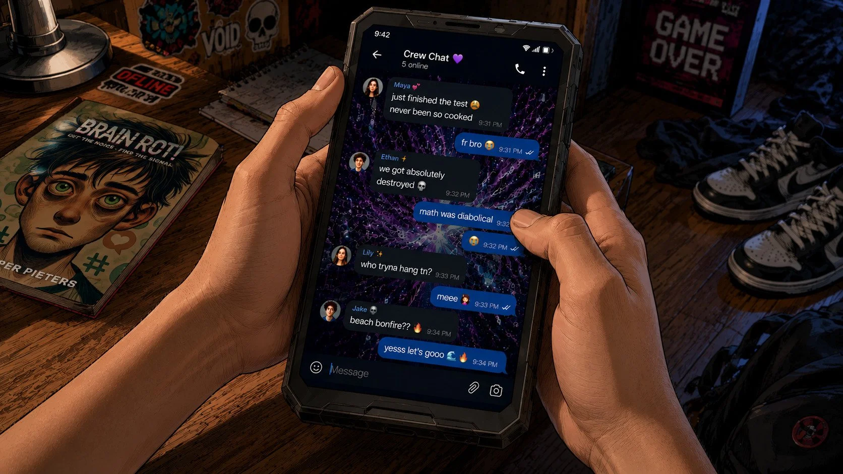Teenager holding his smartphone showing a message stream.