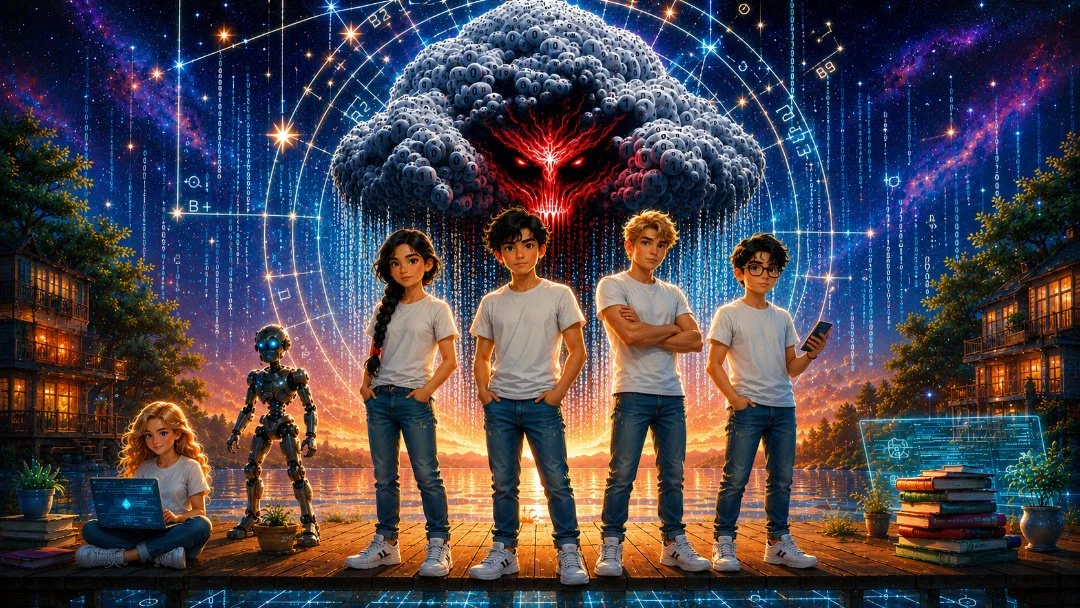 Bindi, Beam and friends standing in a sci-fi metaverse setting with a menacing cloud-like creature behind them.