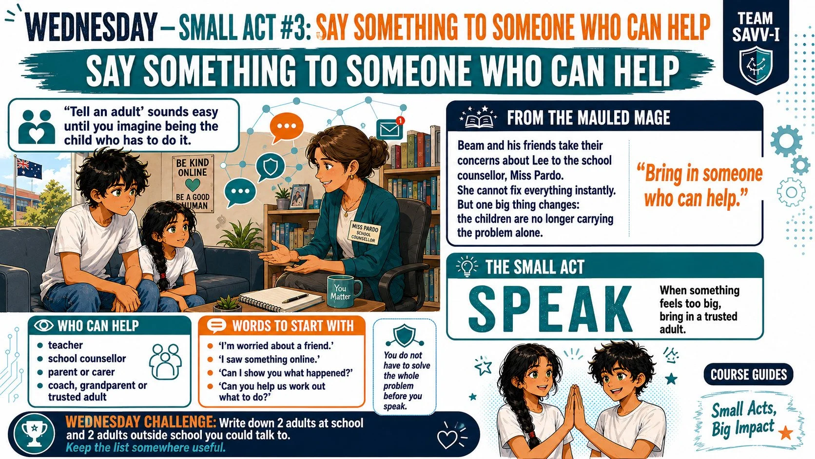Wednesday anti-bullying poster shows Beam and Bindi speaking with school counsellor Miss Pardo, encouraging students to seek trusted adults, speak about concerns, and identify people who can help.
