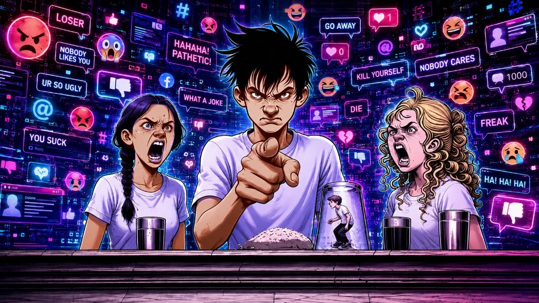 A dramatic scifi illustration from The Mauled Mage showing three angry teenagers in white T-shirts shouting at a trapped blond-heaired bot beneath an inverted glass. Neon social media icons, cyberbullying emojis, appear in the background.