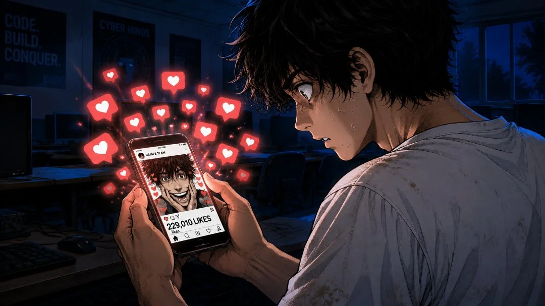 Frantic teenage Beam chasing  'Likes' on his social media feed.