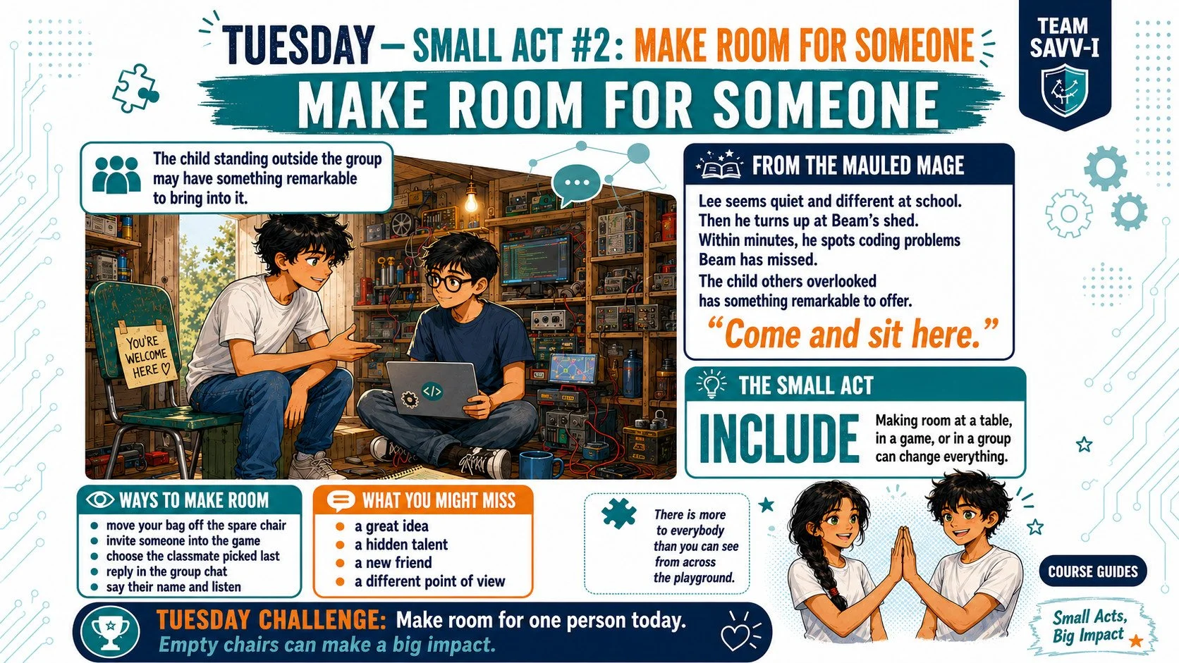 Tuesday anti-bullying poster shows Beam welcoming Lee into his electronics-filled shed, highlighting inclusion, hidden talents, friendship, practical ways to make room, and a challenge encouraging students to include someone.