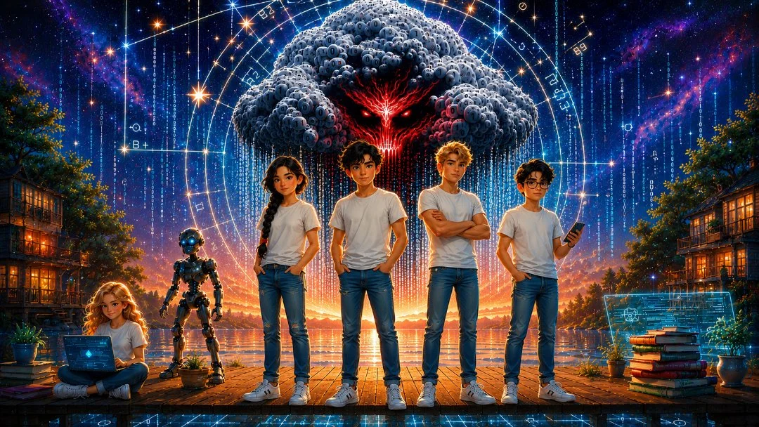 Bindi, Beam and friends standing in a sci-fi metaverse setting with a menacing cloud-like creature behind them.