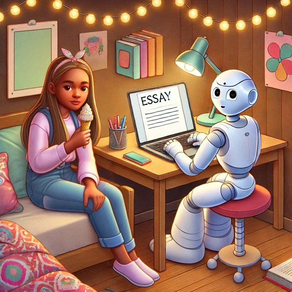 Teenage girl sitting on a couch eating an ice cream, while an AI agent is writing her essay. They both look outwards as if caught out in the act.