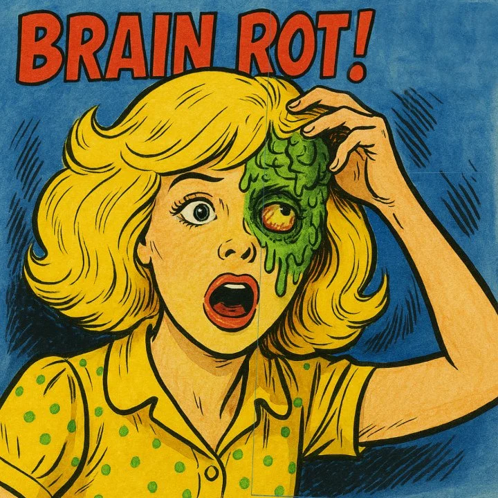 Comic book style image of a teenage girl showing physica symptoms of Brain Rot.