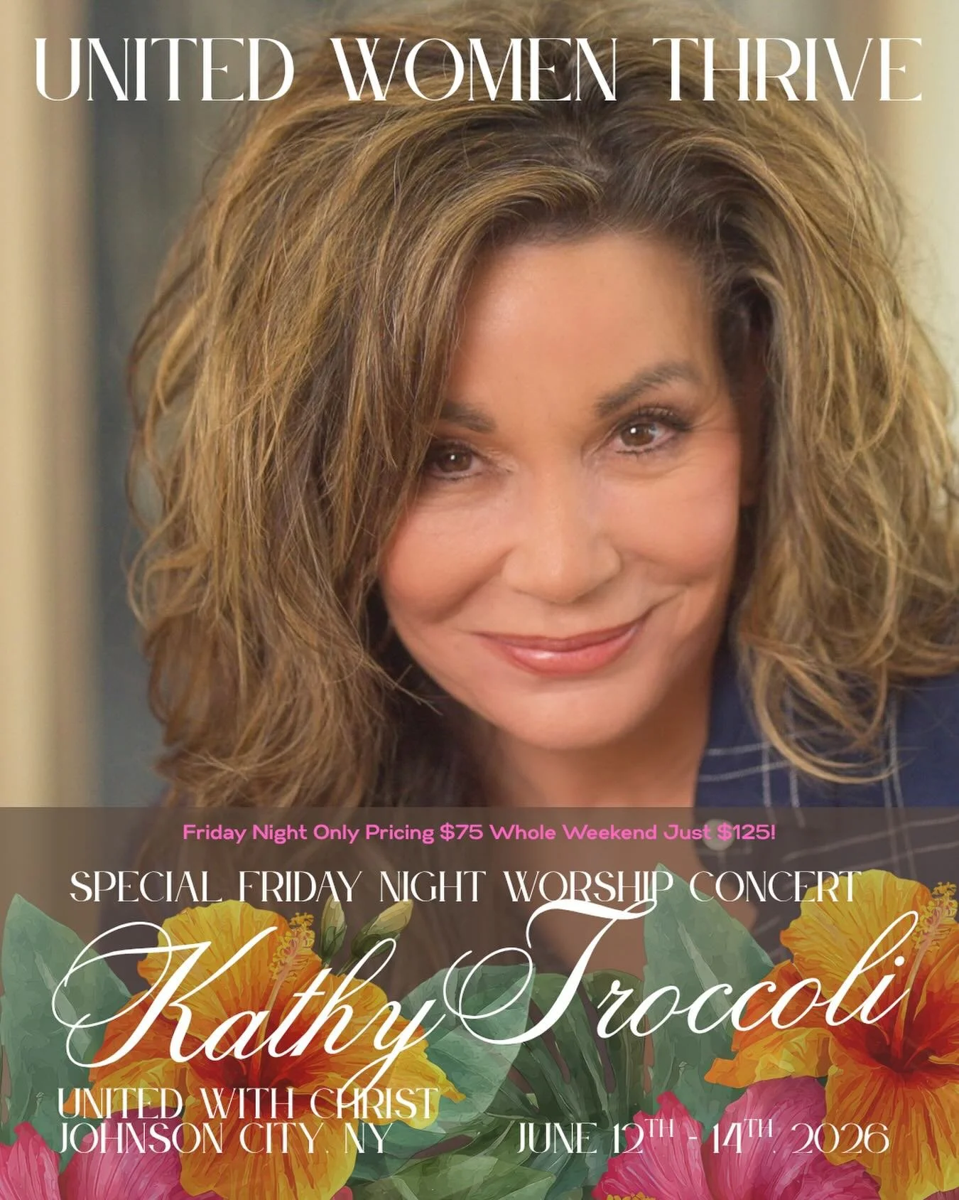 We are so honored to welcome back Kathy Troccoli to United Women THRIVE 2026! 🐆🌿🦋🌺🎶

We hope to see you for the whole weekend (entire weekend access just $125!) Friday evening concert with @kathytroccoli starting at 7pm! Doors open at 6pm. Frida