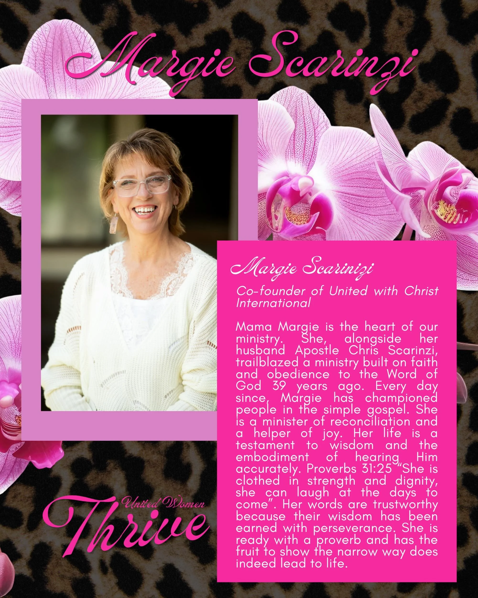 🌿 SPEAKER SPOTLIGHT 🌿

We are delighted to have our beloved Margie Scarinzi at THRIVE 2026!

For nearly four decades, Margie has faithfully served alongside her husband, Apostle Chris Scarinzi, helping build a ministry rooted in the Word of God, th