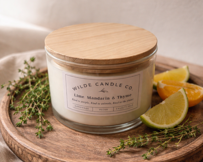 Assorted candles from Wilde Candle Co. in glass and metallic containers with various scents like Sandalwood & Black Pepper and English Pear and Freesia, displayed on wooden shelves.