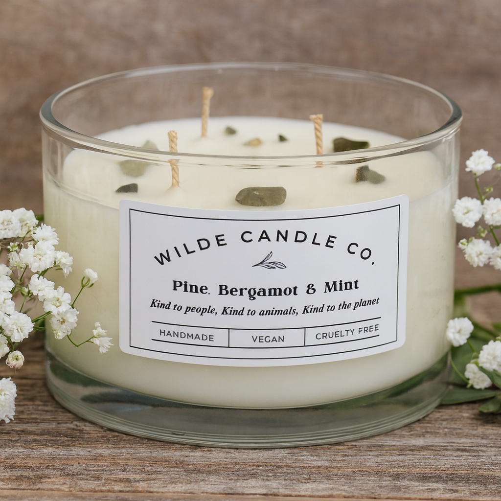 Assorted candles from Wilde Candle Co. in glass and metallic containers with various scents like Sandalwood & Black Pepper and English Pear and Freesia, displayed on wooden shelves.