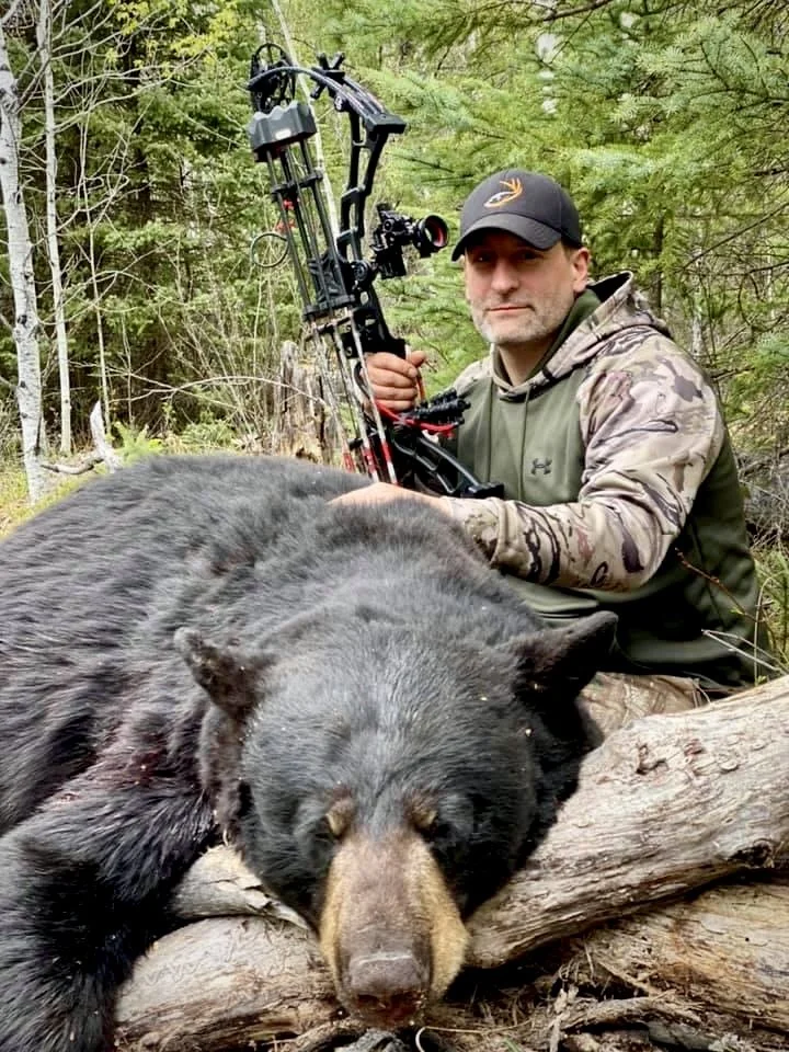 A man in a camouflage hoodie is kneeling next to a large black bear lying on a fallen log in a forest, holding a compound bow.