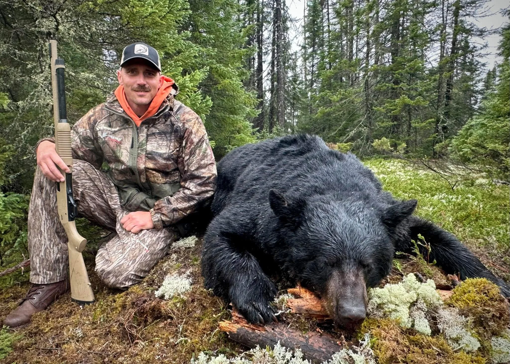 A man in camouflage is kneeling next to a large black bear lying on the ground in a forested area. The man is holding a shotgun.