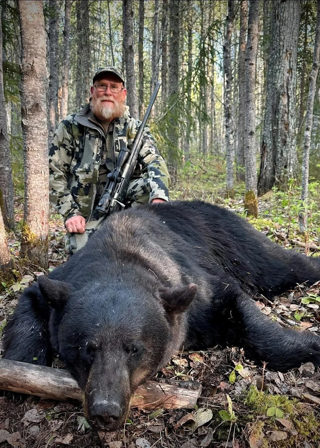 A man in camouflage with a rifle, sitting in a forested area behind a large black bear lying on the ground.