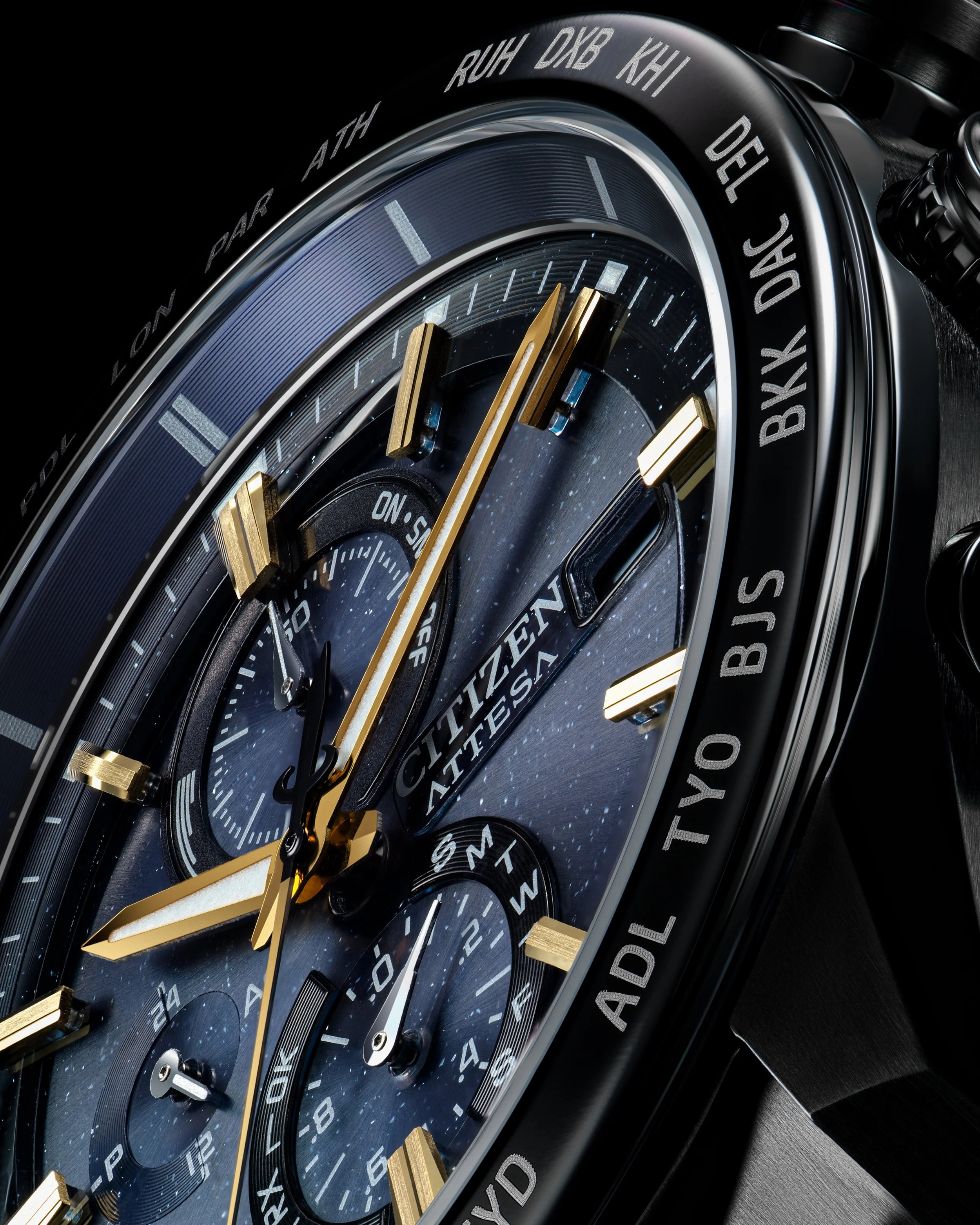Close-up of Citizen Attesa wristwatch with a black case, gold hands, and a blue dial with multiple subdials, featuring a chronograph and GPS functions.