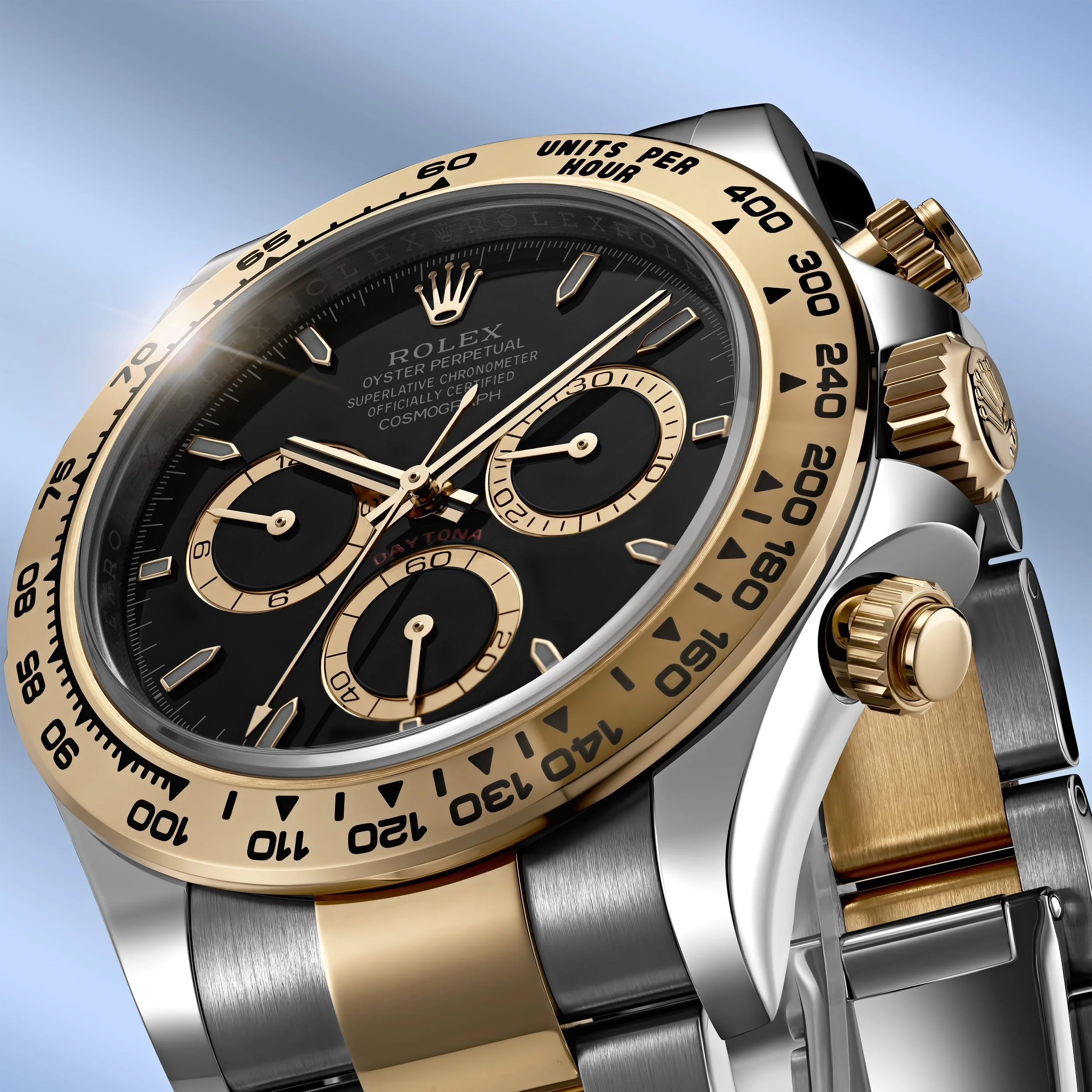 Close-up luxury watch photography Rolex Daytona by Dubai commercial photographer