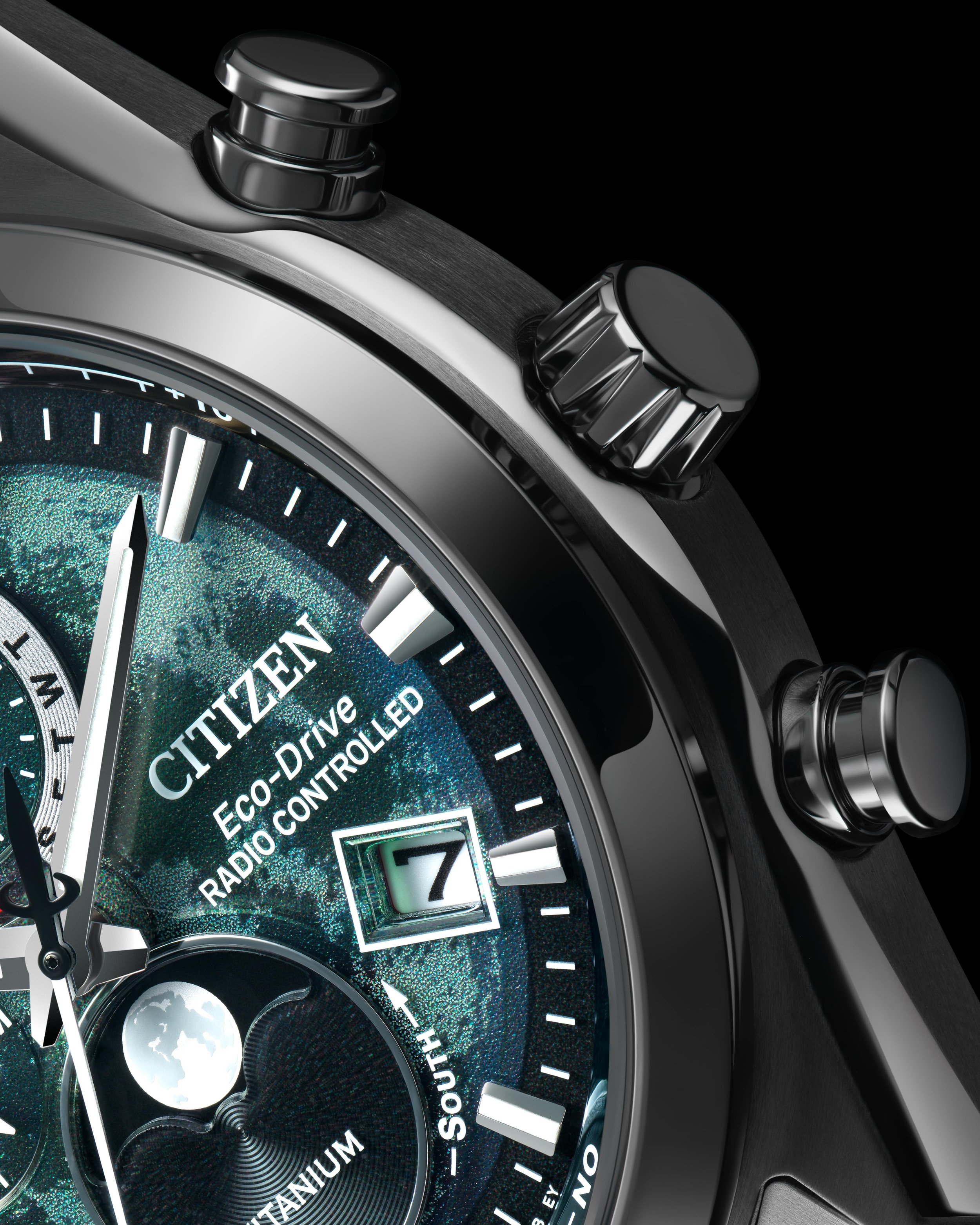 Close-up of Citizen Eco-Drive radio-controlled watch with a dark face, moon phase display, and date window, showing the time and date, with multiple buttons and crown on the side.