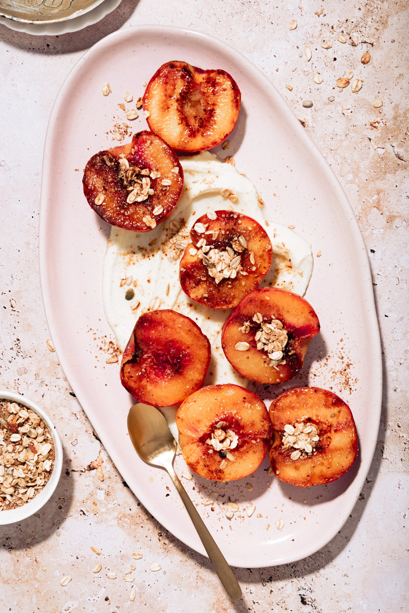 roast peaches with crumble jodie gould photography